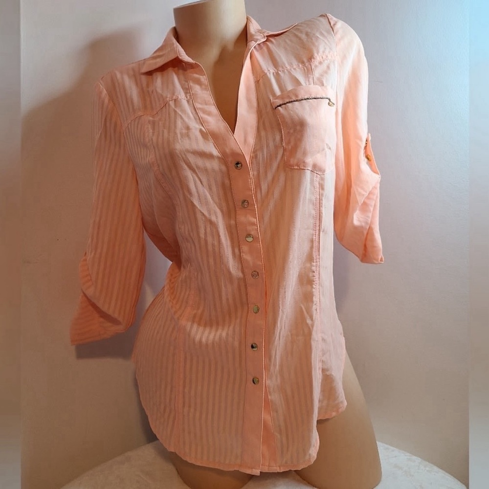 Bebe "Fiorella" Peach Striped Button Down Top S